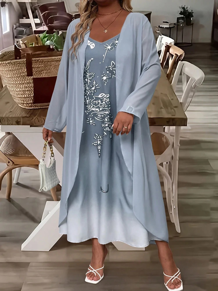 Plus Size Spring and Autumn Fashion Elegant lace chiffon dress two-piece polyester material Elegant 250520