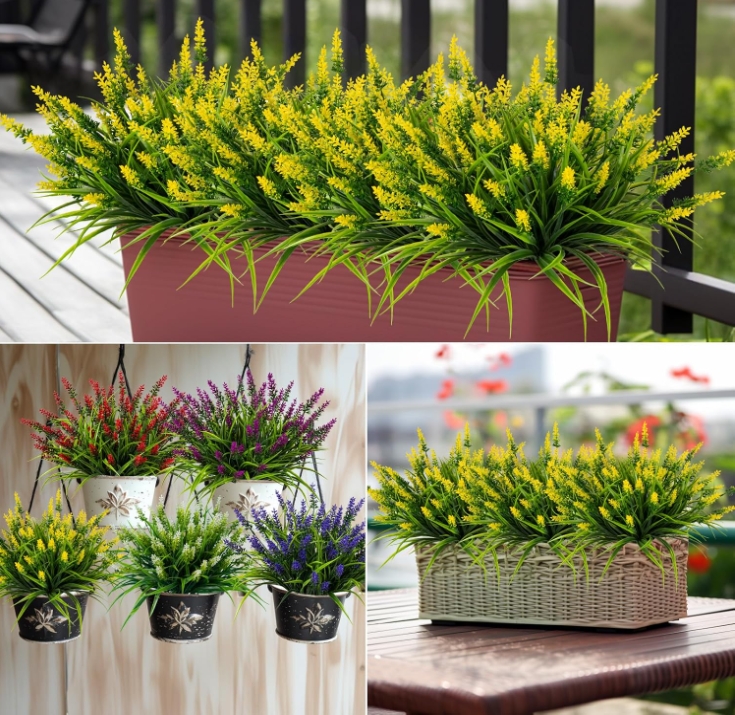 Artificial Flowers for Outdoor Plants 24 Bundles Fake Lavender Plastic Faux Monkey Grass for Verandah Window Garden Office Patio