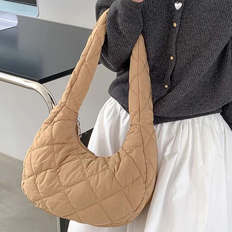 Women's Puffy Cotton Shoulder Bags Autumn&Winter Quilted Padded Tote Handbag Ladies Puffer Underarm Nylon Small Crescent Bag