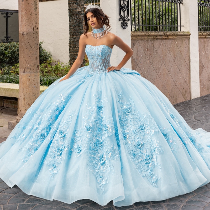 Sky Blue Quinceanera Dresses Off Shoulder Ball Gown Sweet 16 Dress Applique Flower Beads Bow Tull Birthday Party Vestidos 15 De Anos