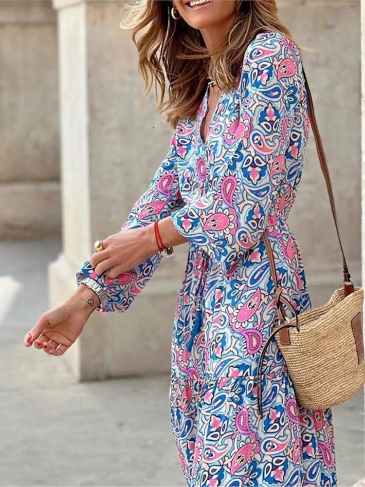 Womens Autumn Fashionable Printed Sexy V-neck Long Sleeve High Waist Elastic Waist Medium Length Bohemian Dress 250519