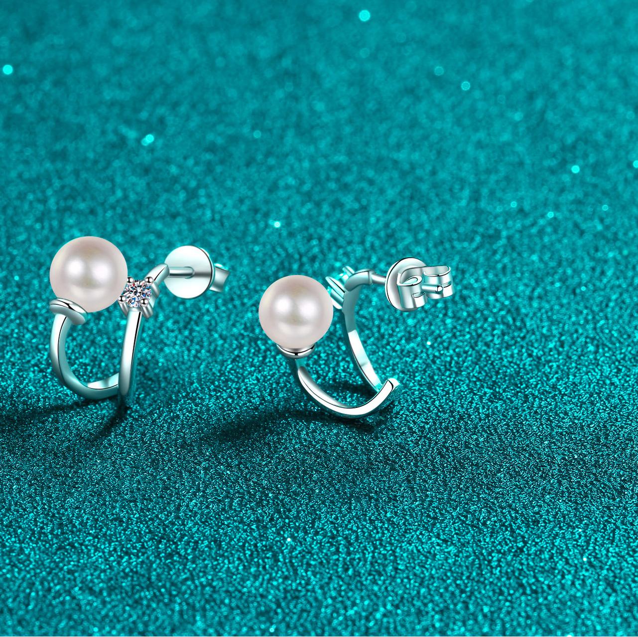925 Sterling Silver U-Shaped Earrings with Moissanite and Freshwater Pearl, PT950 Gold-Plated Jewelry
