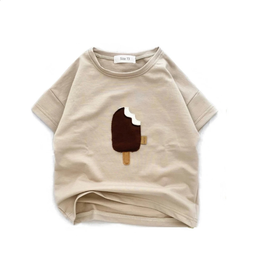 2023 Baby Boys Pure Cotton Short Sleeve T Shirts Summer Oversize Patch Popsicle Shirt Soft Girls Tees Oneck Pullover 250517z