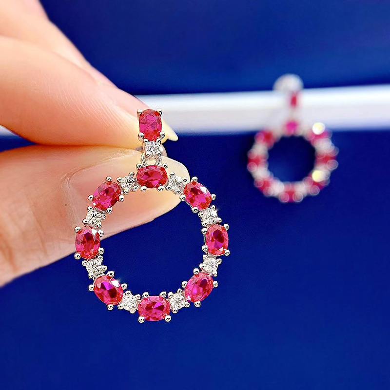 Exquisite S925 Sterling Silver Earrings with Oval Red Ruby & High-Carbon Diamonds - Elegant Dazzling Design