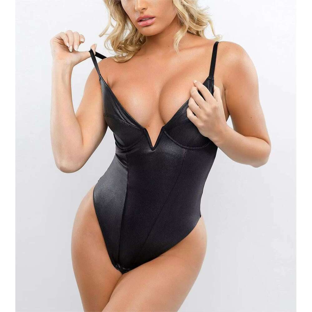 Sexy Deep V neck Leather Slim Fitting Jumpsuit Shaping Beauty Body Womens Bodysuit