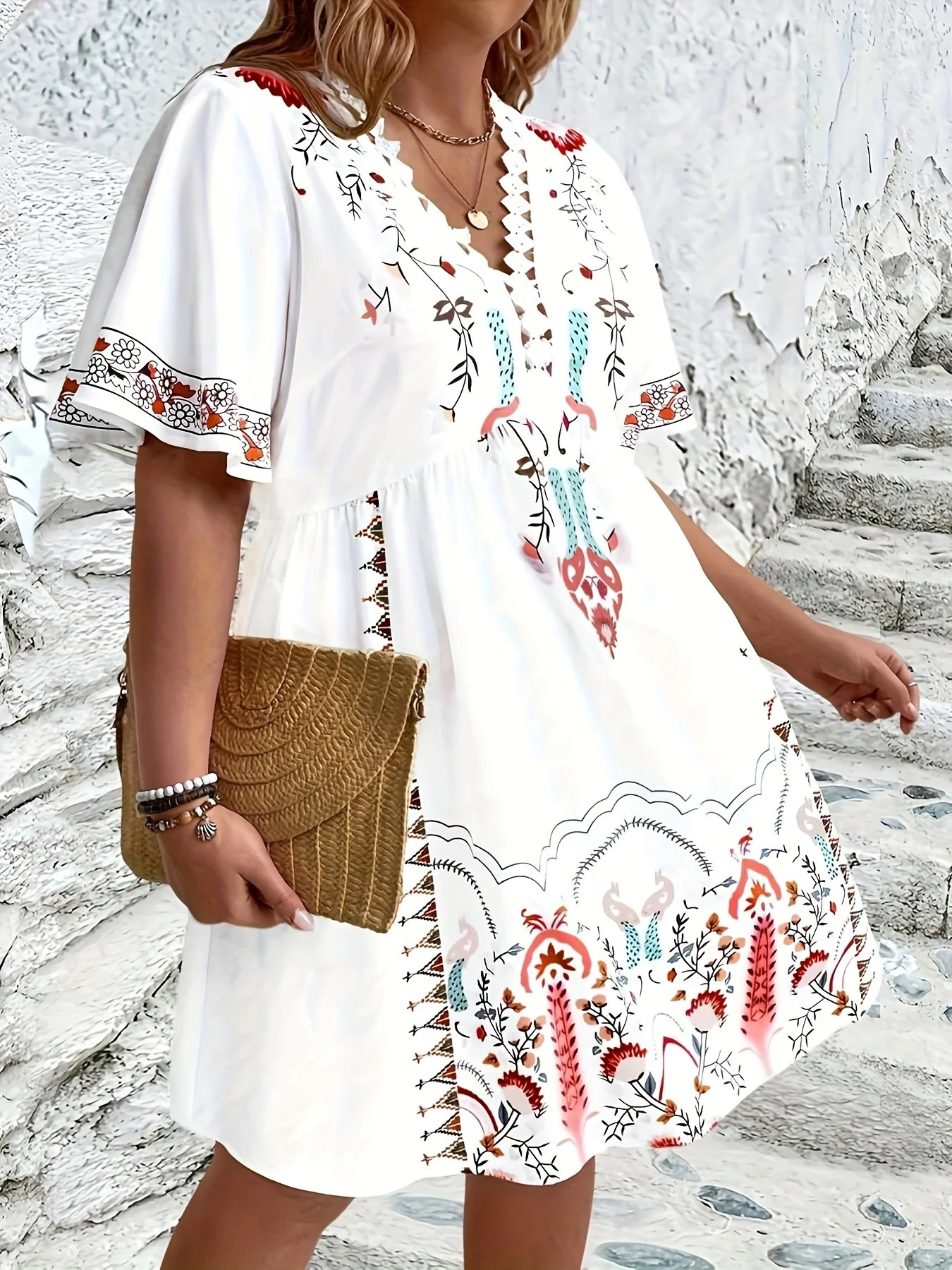Plus Size Womens Geometric Print V-Neck Polyester Dress Resort Style Slightly Stretch Fabric All Season Wear Unlined 250520