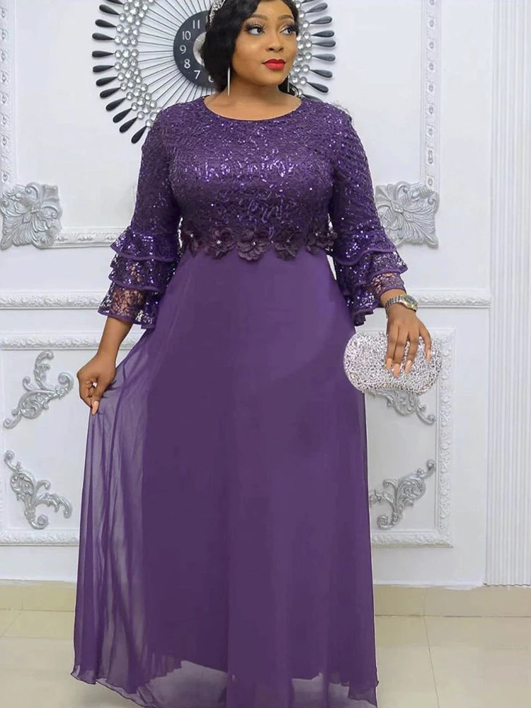 Elegant Women Evening Dresses Sequin Chiffon Long Dress African Dashiki Outfits Party Prom Birthday Gowns Female Clothing 250520