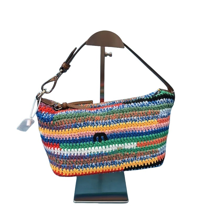 Dainty bags for women designer shoulder bag multicolor rainbow stripes underarm handbag wool thread crochet weaving purse xb226