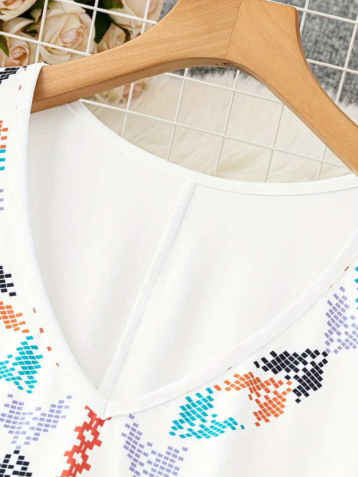 Plus Size Fashion Selection White Ethnic - Style Embroidered Sleeveless Dress Plus Size. The V - Neck with Colorf 250520