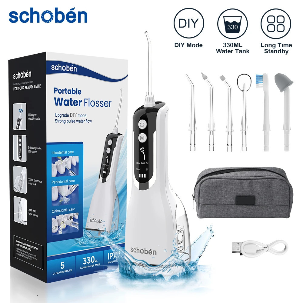 Schoben Portable Oral Irrigator USB Rechargeable Water Flosser Dental Jet 330ML Tank IPX7 Waterproof Teeth Cleaner 250519