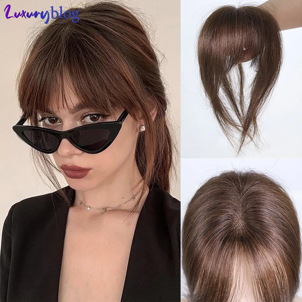 3D Bangs Human Hair Invisible Seamless French Wispy Air Bangs Brown Overhead Fringe with Temples Hairpiece for Women Topper 250521