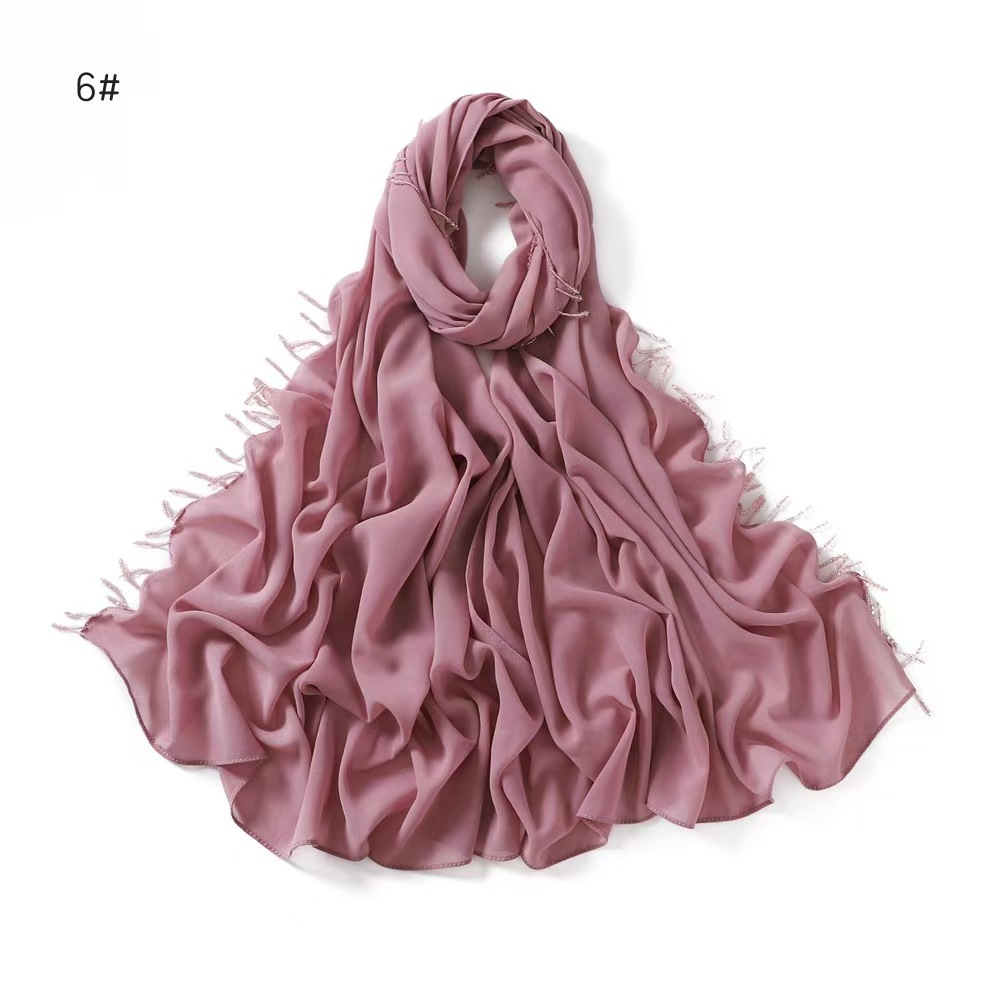T769 chiffon long scarf monochrome pearl chiffon heavy hanging beads handmade beaded headscarf scarf shawl cover