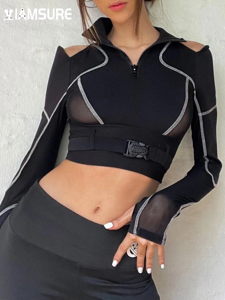Iamsure Patchwork Mesh T Shirt Women Hollow Out See Through Sexy Slim Off Shoulder Long Sleeve Tees Ladies Crop Tops Streetwear 250516