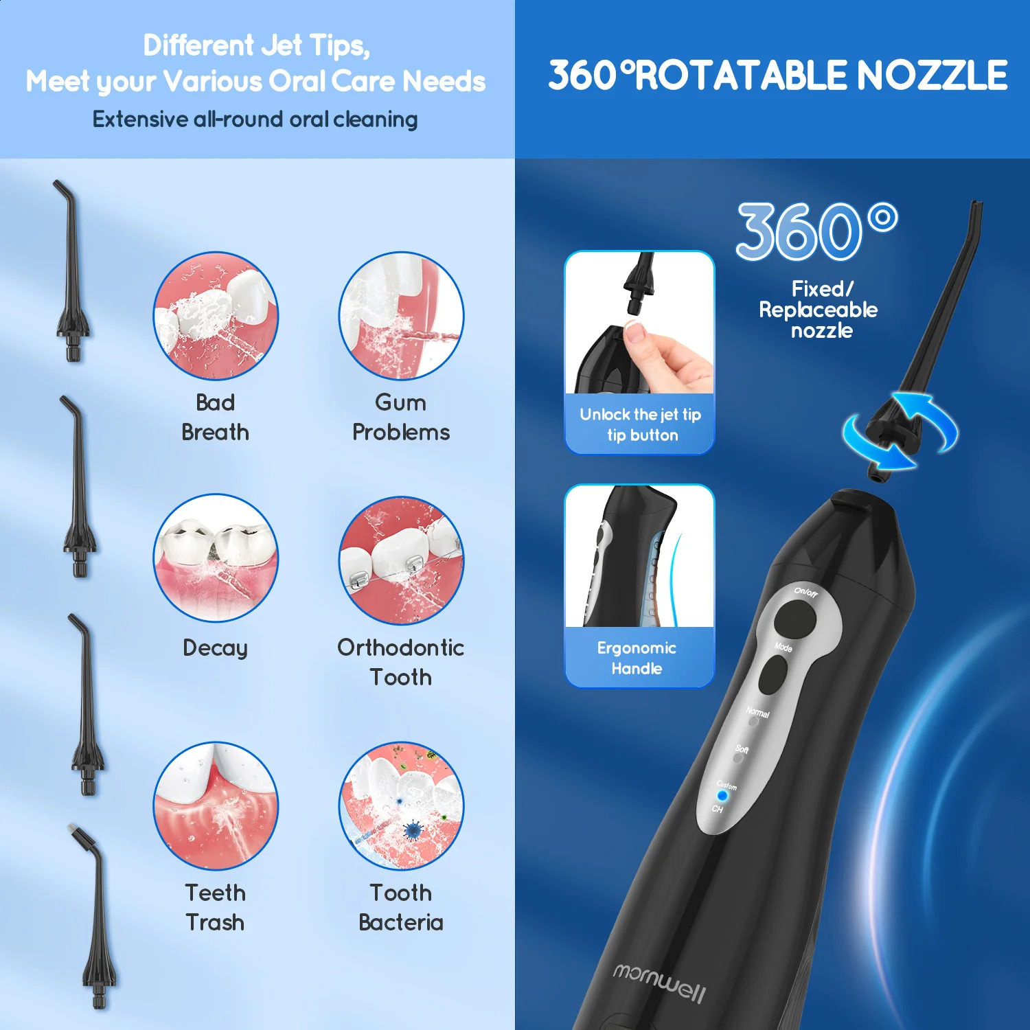 Mornwell D52Pro Dental Water Jet Rechargeable Water Flosser Portable 300ML 4 Nozzles Waterproof Oral Irrigator Teeth Cleaner 250520