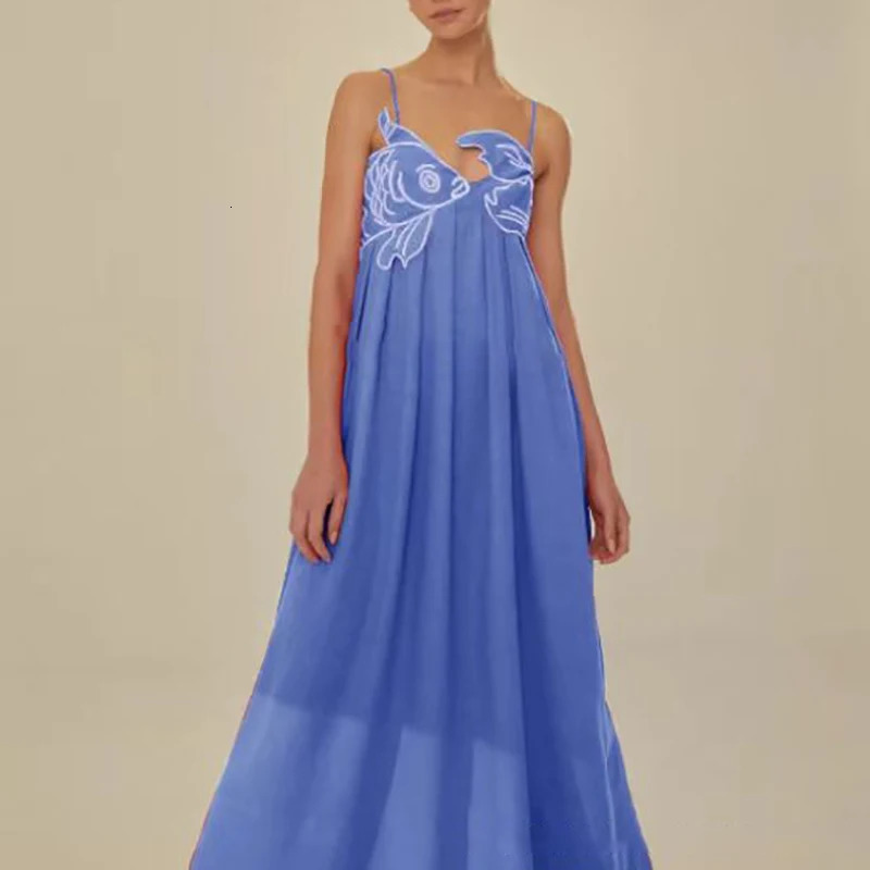 3D Fish Shaped Embroidery Pleated Sling Dress Women Spring Strapless Hollow Party Long Dress Summer Backless Side Zip Boho Dress 250519
