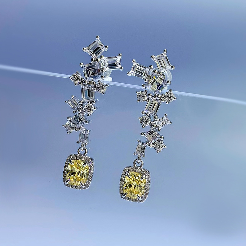 S925 Sterling Silver Long Drop Earrings with Yellow Simulated Diamond, Cushion Cut & Zirconia, Elegant Jewelry for Special Occasions