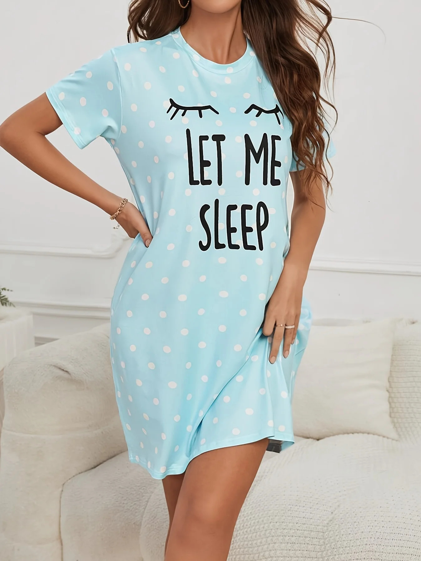 Let Me Sleep Printed Plus Size Womens Nightgowns Home Ice Silk Dresses Short Sleeve Dresses Pajamas for Girls with Large Busts 250520