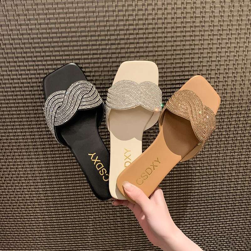 Large Size Women's Sandals With Water Ripple Shaped Straight Diamond Slippers, Designer Sandals For Summer 2025, New Home And Outdoor Lazy Slippe