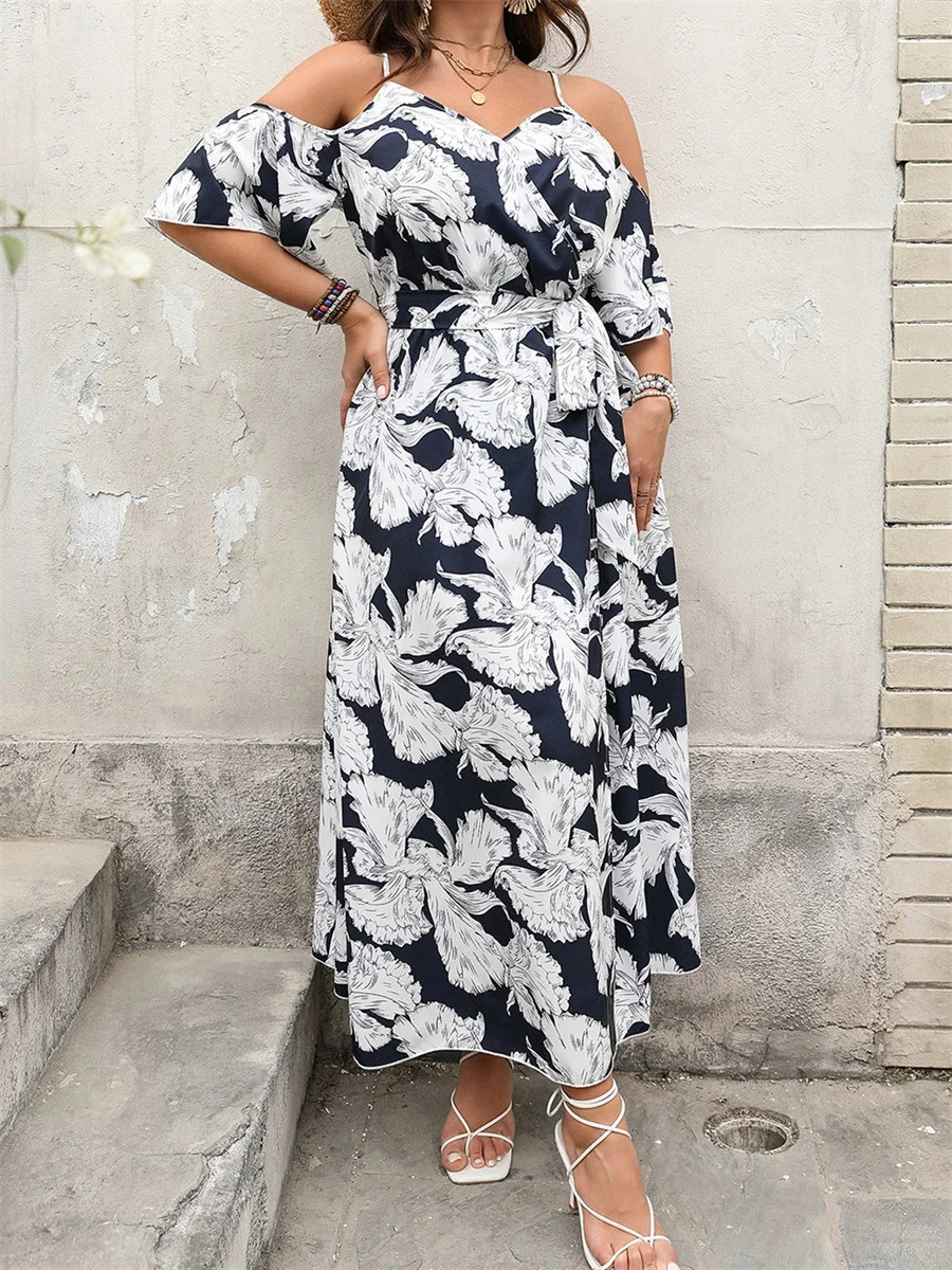 Women Plus Size Floral Print Maxi Dress with Ruffle Sleeves and V Neckline Elegant Belted Long Dress with High Side Split 250520