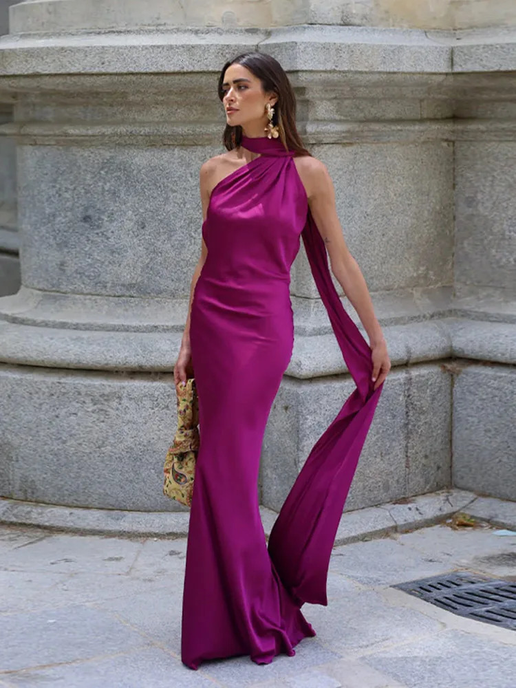Elegant Womens Ribbon Long Satin Party Dress Halter Backless Sleeveless Female Dresses Summer Lady Solid Evening Gowns 250519