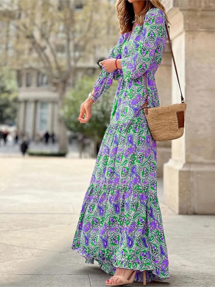 Womens Autumn Fashionable Printed Sexy V-neck Long Sleeve High Waist Elastic Waist Medium Length Bohemian Dress 250519