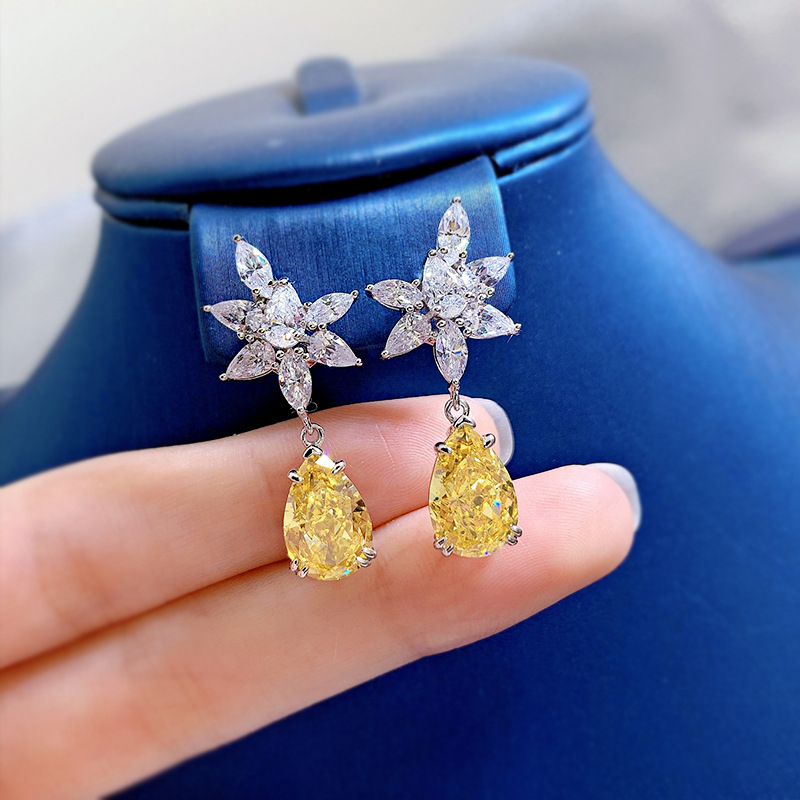 Exquisite S925 Sterling Silver Yellow Gemstone Drop Earrings with Zirconia, Elegant and Fashionable Jewelry