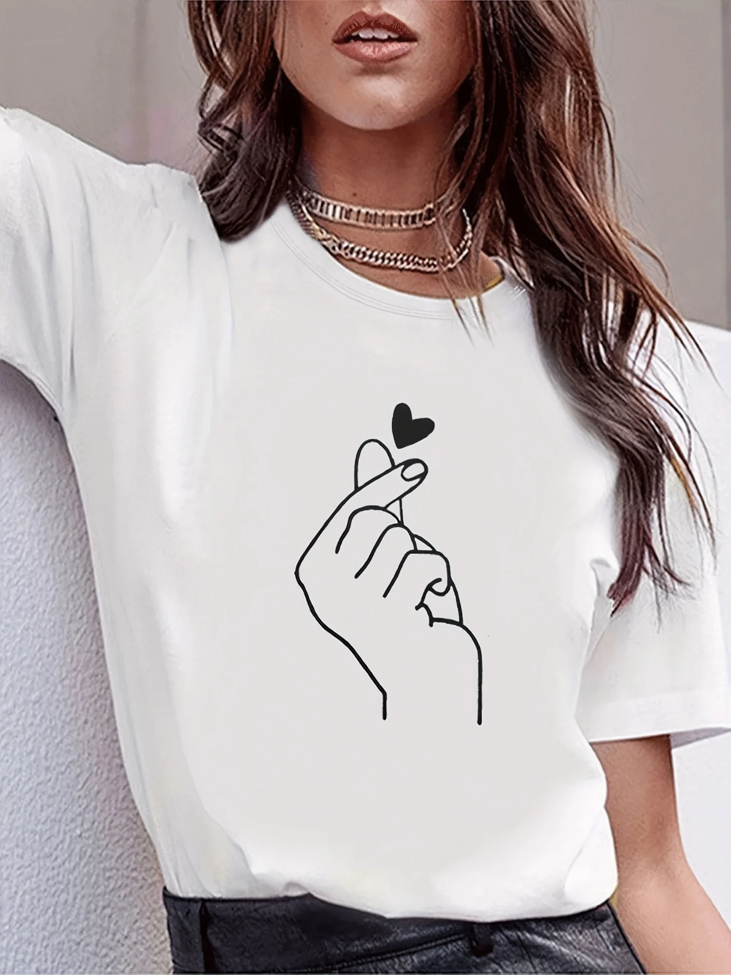 Cute Print Solid Crew Neck T-Shirt Short Sleeve Casual Every Day Top For All Season Womens Clothing 250517
