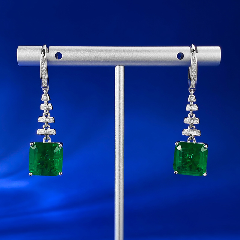 Exquisite S925 Sterling Silver Vintage Emerald Cut Green CZ Earrings with Full Diamond Paving