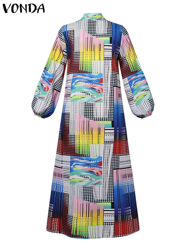 VONDA Plus Size Bohemian Printed Dress Autumn Women Elegant Long Sleeve Vintage Maxi Sundress Casual Buttons Loose Robe 5XL 250519