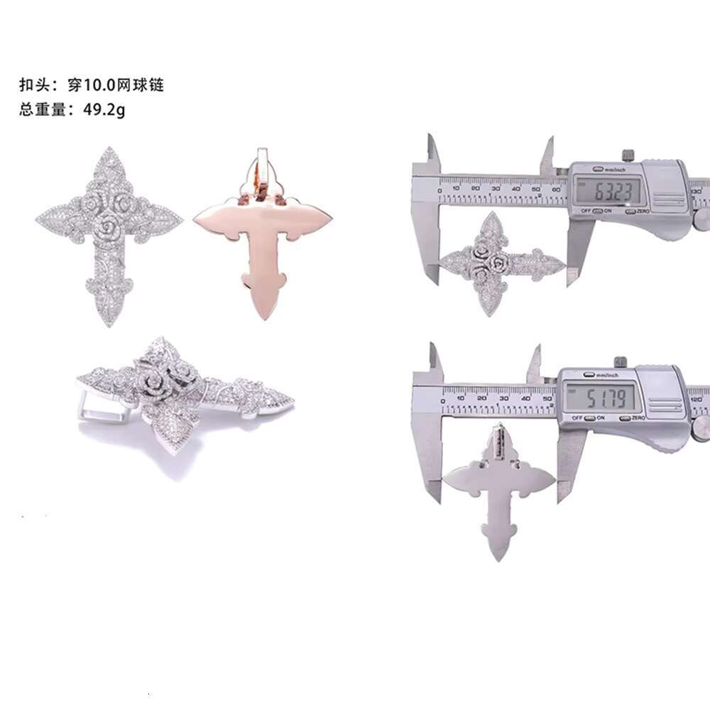 Fashion Moissanite S925 Cross Pendants Necklace Iced Out Necklaces for Men Pass Tester Rose Cross Moissanite Pendant Necklace