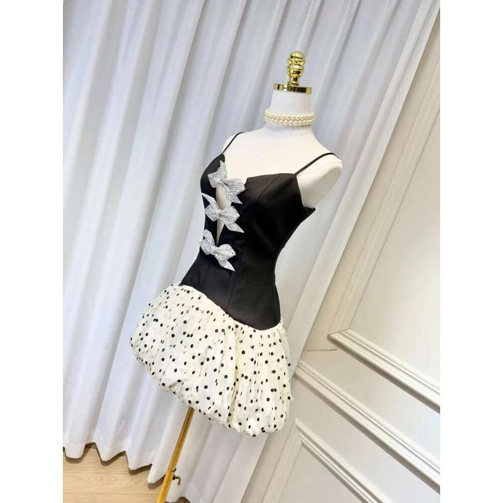 Temperament Chic Spliced Bowknot Slimmng Dresses For Women Deep V Neck Sleeveless High Waist Dot Camisole Dress Female New