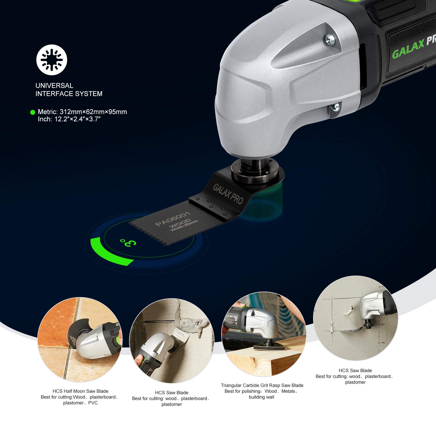 GALAX PRO 22000 OPM 1.5A Oscillating Multi Tool 3 Degree Oscillating Angle with 3 Pieces Saw Blades 1 Piece Semi Circle Blade Sanding Plate 6 Pieces S