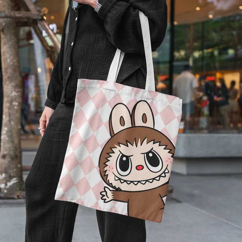 Labubu Canvas Bag Cute Cartoon Shopping Handbag For Women Student Portable Canvas Makeup Shopping Storage Bag Birthday GiftXJ250521
