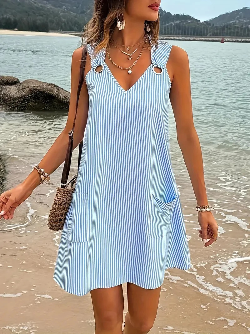 blue and white striped sleeveless V-neck pocket plus size womens dress for summer 250520