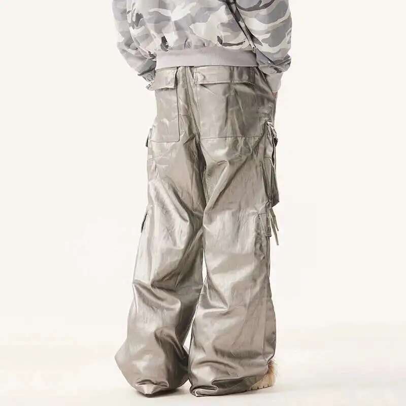 PFNW American Men's Trousers Drawstring Multiple Pockets Matte Coating Sier Stacking Slightly Flared Cargo Pants Tide 28W5487