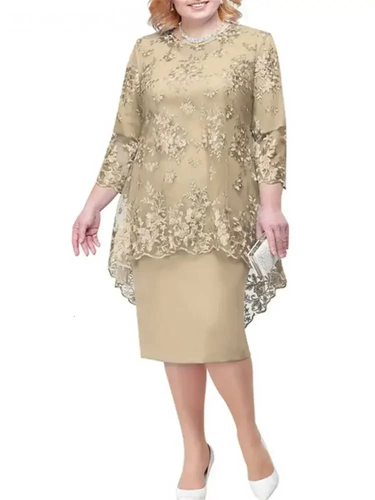 Women Plus Size Dress O-neck Midi Loose Dress M-5XL Lady Evening Lace Mesh Sexy Elegant Dress Female Clothing Summer Autumn 250520