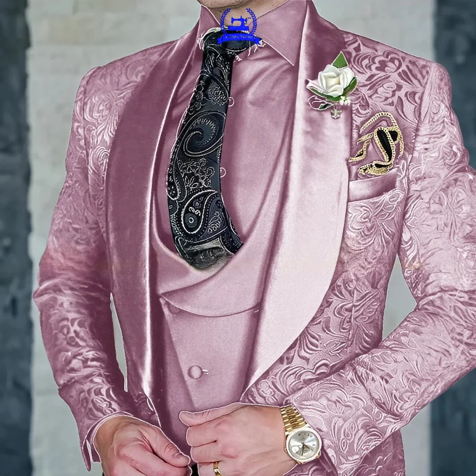 Jacquard Mens 3-piece Suit Set Floral Pattern Party Dress Formal Grooms Tuxedo Elegant Mens Blazer Customized Outfit 250517CJ