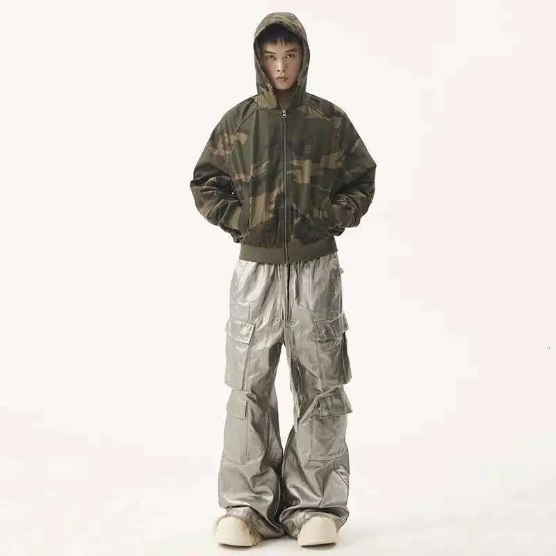 PFNW American Men's Trousers Drawstring Multiple Pockets Matte Coating Sier Stacking Slightly Flared Cargo Pants Tide 28W5487