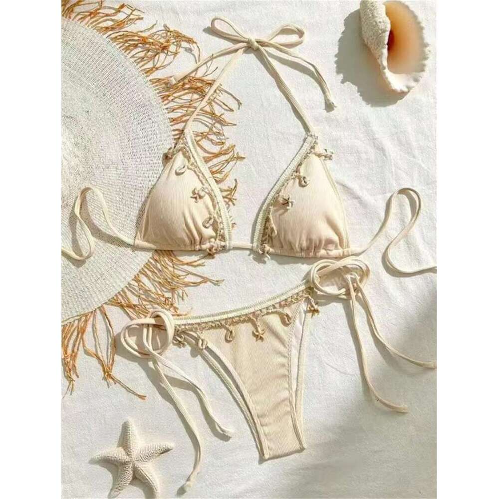 DHEssentials Shell Embellished Lace Bikini Set Sexy 3 Piece Triangle Swimsuit with Split Thong Bottom Beachwear for Women
