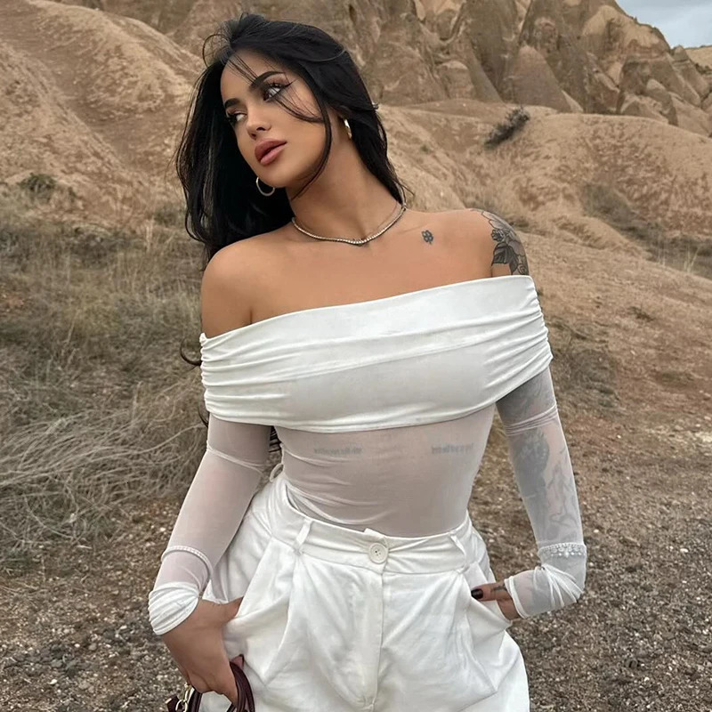 CUTENOVA Mesh Sheer See Through T-Shirts Crop Tops Summer Party Clubwear Women Sexy Slash Neck Off Shoulder Ruched Tees Shirts 250516
