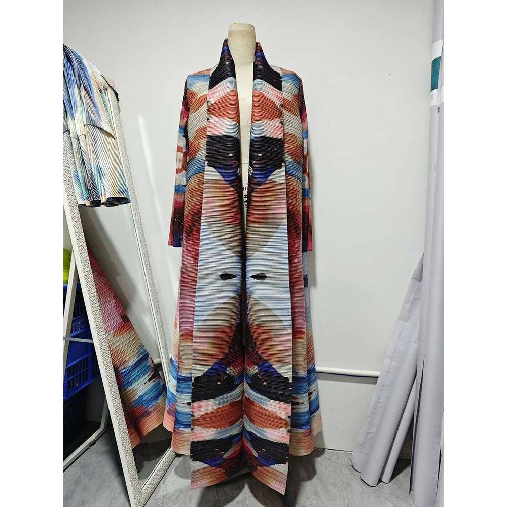 Miyake Pleated Turndown Collar Sleeve Abaya Women 2025 New Autumn Winter Original Designer Dubai Fashion Printed Long Coats