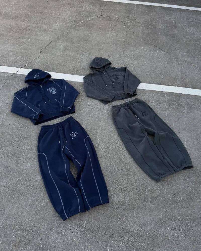 Hip hop fashion Vintage patchwork pattern embroidery design men clothing Y2k set Punk Haruku casual couple oversized tracksuit