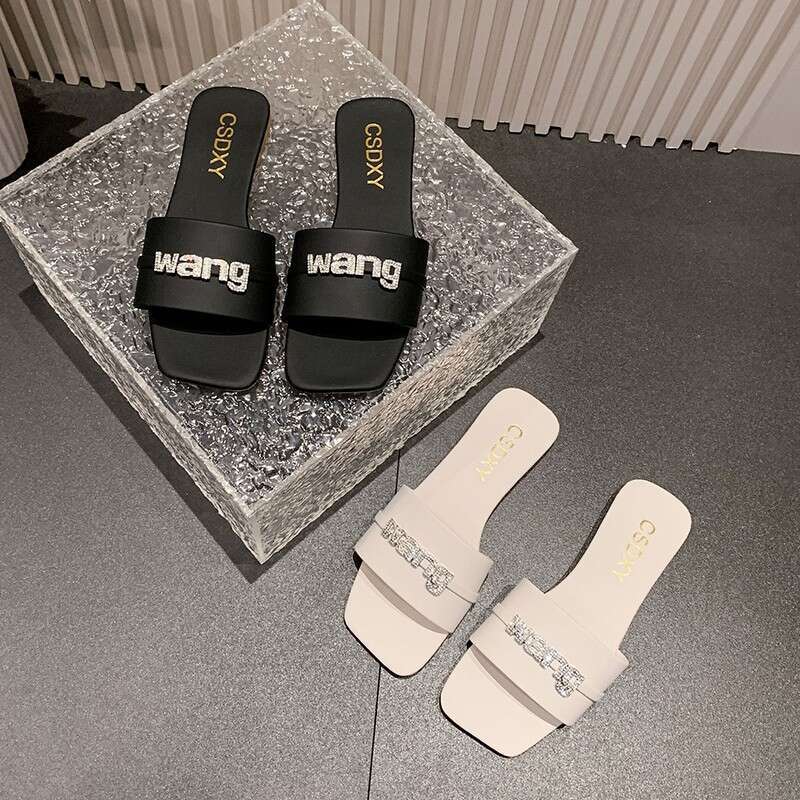 Wholesale Plus Size Super Sparkling Rhinestone Letter Flat Slippers 2025 Outdoor Fashion Outdoor Wear Beach Sandals Comfortable Wear-resistant Slipper