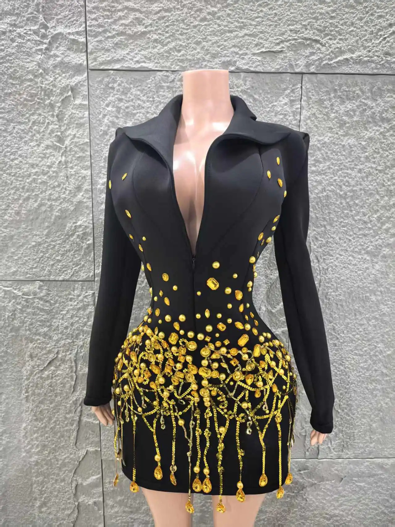 High Quality Women Long Sleeve Sexy Deep V-Neck Bodycon Blazer Dress Shinning Sequins Celebrate Nightclub Bar Singer Stage Wear 250517