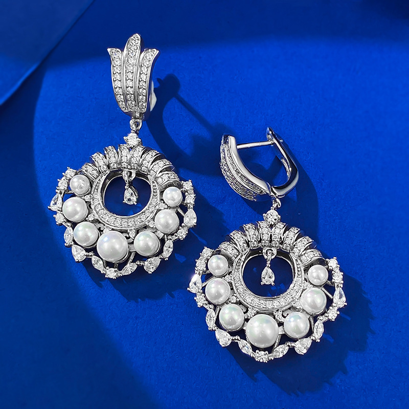 New S925 Sterling Silver French Vintage Pearl and Diamond Drop Earrings for Women, Elegant and Fashionable European Style