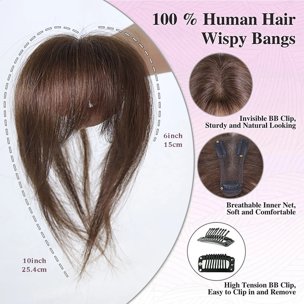 3D Bangs Human Hair Invisible Seamless French Wispy Air Bangs Brown Overhead Fringe with Temples Hairpiece for Women Topper 250521