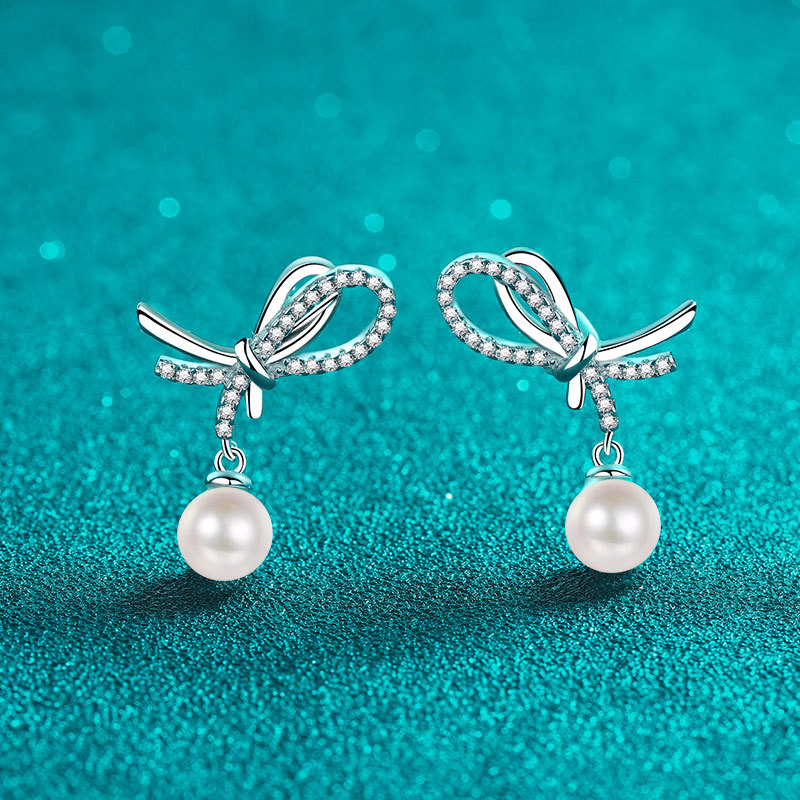 S925 Sterling Silver Moissanite & Pearl Earrings with Butterfly Knot Design - Elegant and Timeless Jewelry for Women