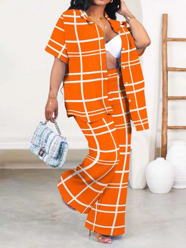2 Piece Sets Woman Outfit Plus Size Summer Suit Plaid Cardigan Shirt and Trouser Casual Orange Pants Suits Elegant 250516Z