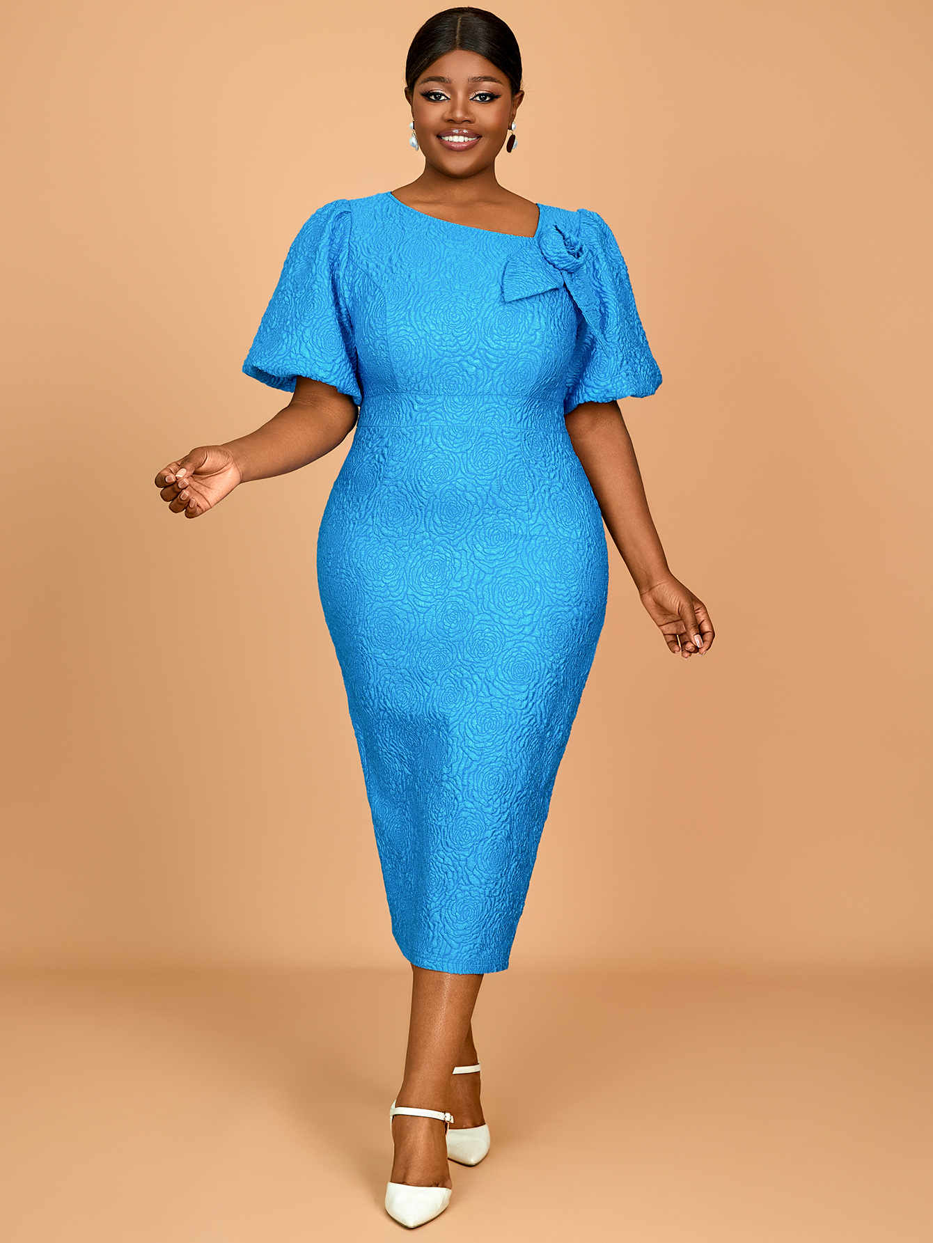 Elegant Women Plus Size Career Slimmer Dress Big Size Rose Jacquard Oblique Collar Short Puff Sleeves Wear AM050130