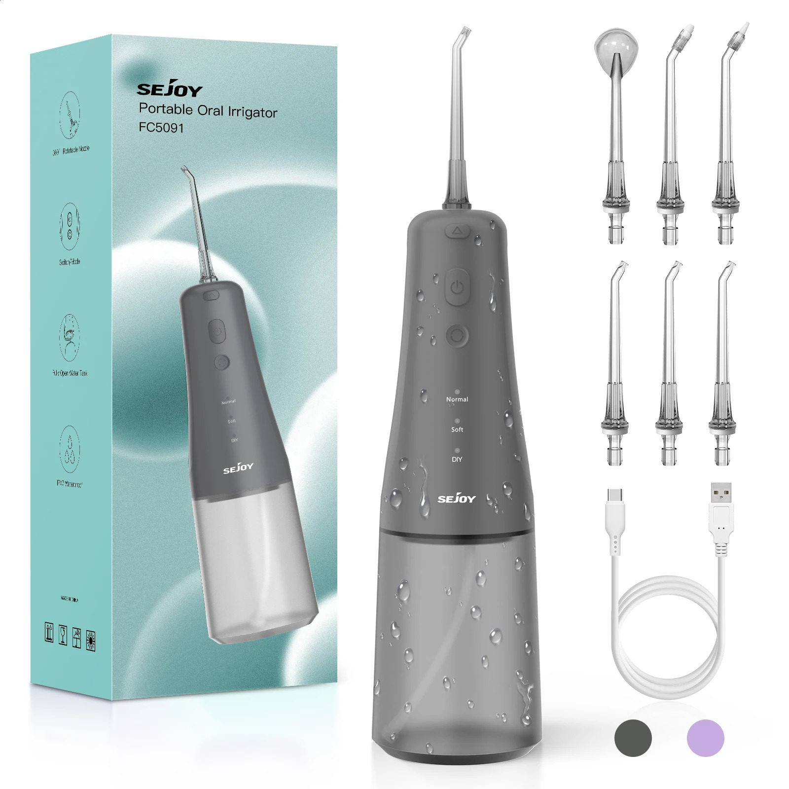 Sejoy FC5091 Water Flosser Cordless Rechargeable Oral Irrigator Mode 6 Jet Tips IPX7 Waterproof 6 Jet Teeth Tips for Travel 250520